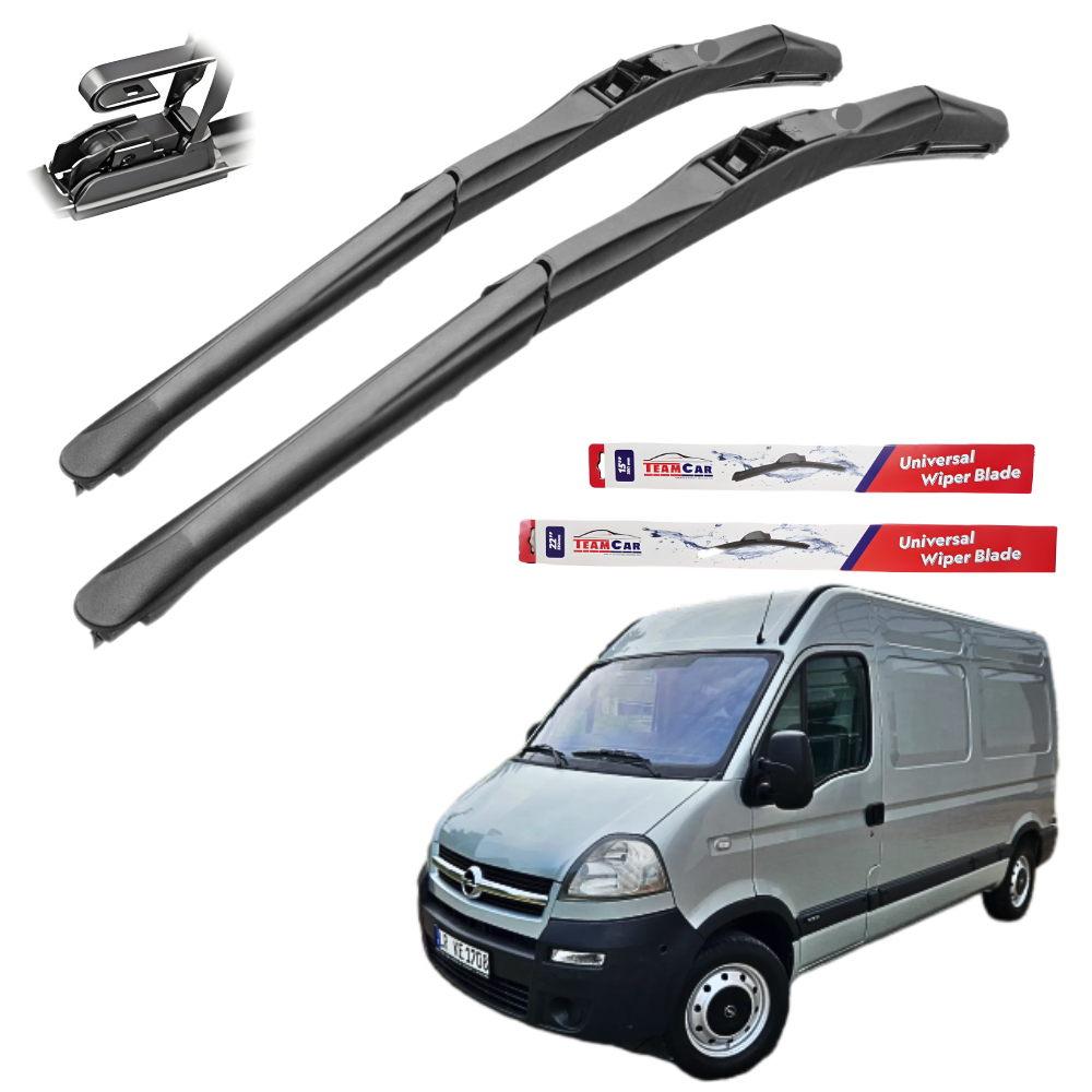 Two car wiper blades with their packaging and a van in the background.