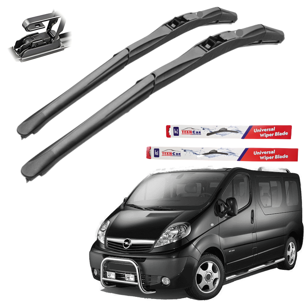 Two car wiper blades with a box of TeinCar universal wiper blades and a black van on a white background.