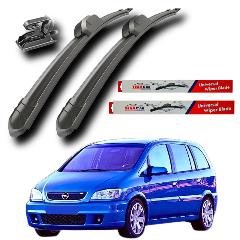 Two car wiper blades with a OPEL Zafira A (1999–2005) and 'TeamCar' wiper blade packaging on a white background.