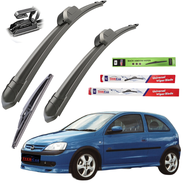 Opel Corsa C (2000–2006) wiper blades with packaging and a blue car on a white background