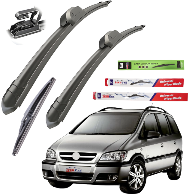 Car wiper blades with packaging and a Opel Zafira A (1999–2005) on a white background