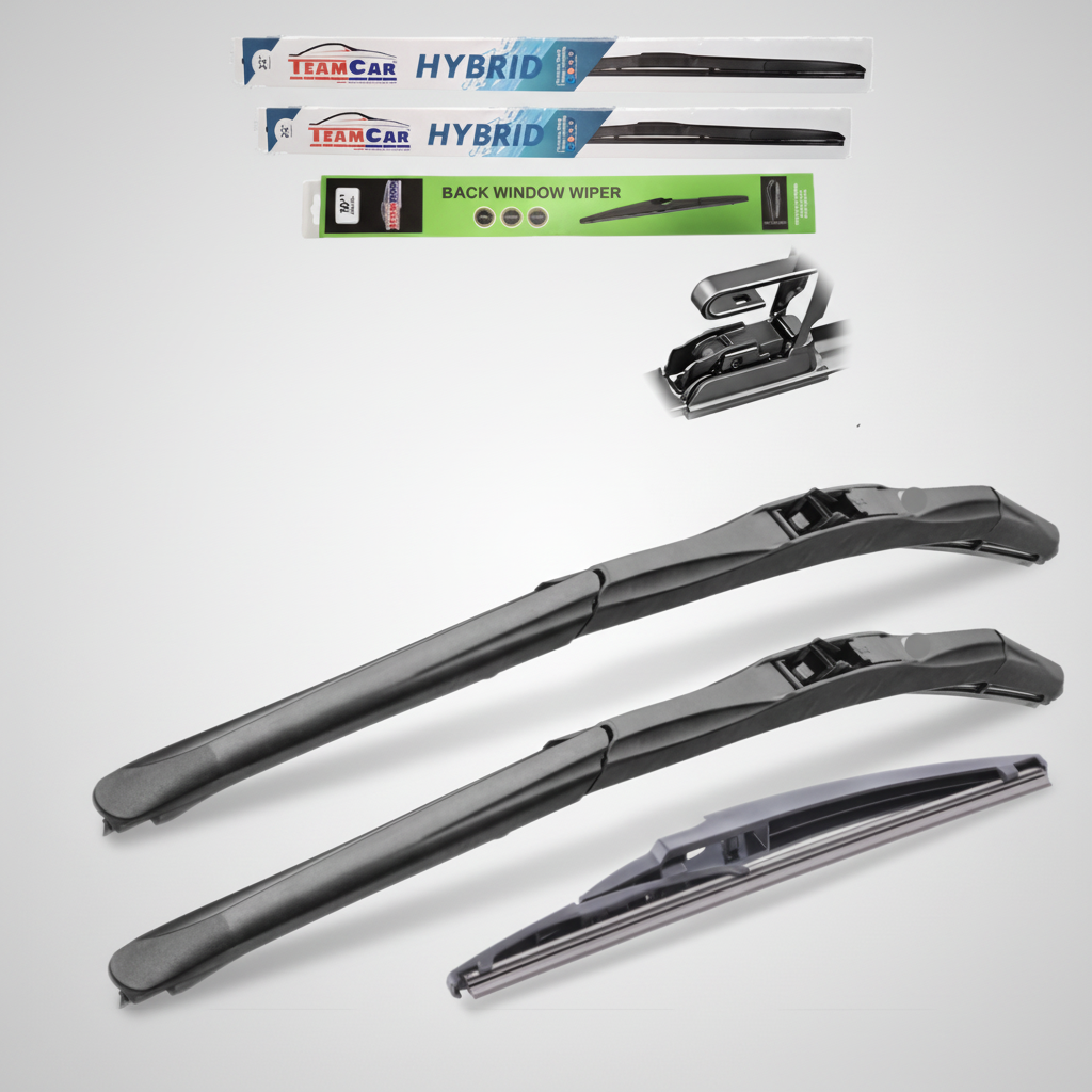 Set of car wiper blades with packaging on a white background