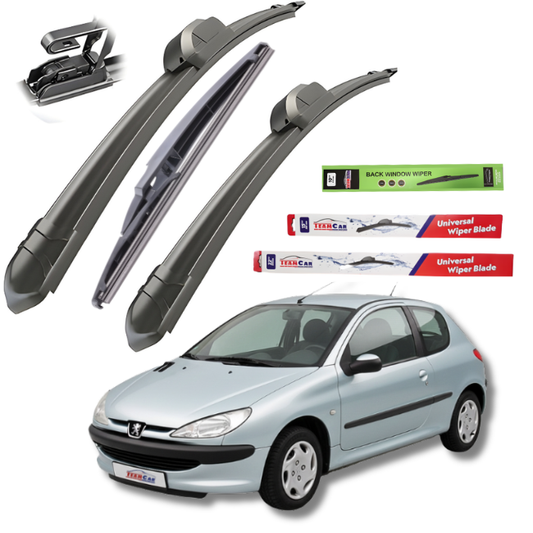 Car wiper blades with packaging and a Peugeot 206 (1998–2012) on a white background