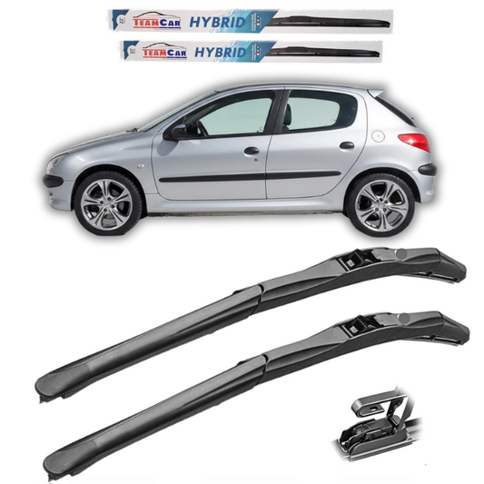 Car wiper blades with a Peugeot 206 (1998–2012) model on a white background