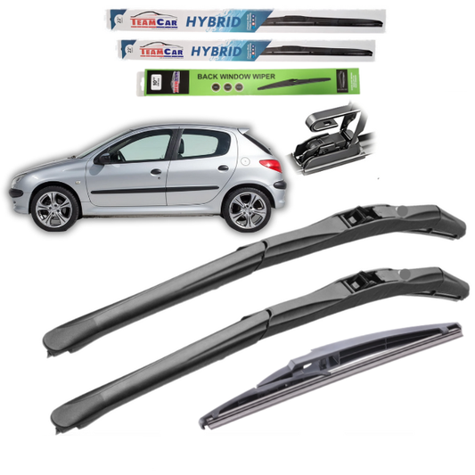 Set of car wipers with a Peugeot 206 (1998–2012) on a white background