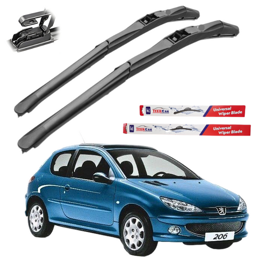 Car wiper blades with Teramcar packaging and a blue Peugeot 206 (1998–2012) on a white background