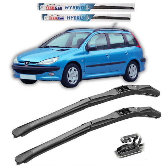 Car wiper blades with a blue Peugeot 206 in the background