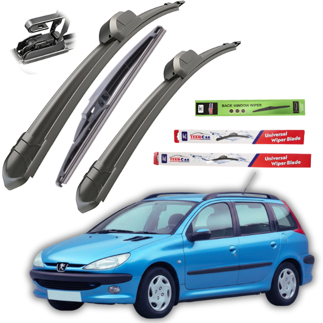 Car wiper blades with packaging and a blue Peugeot 206 on a white background
