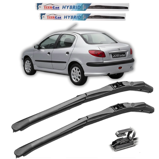 Car wipers with a Peugeot 206 on a white background