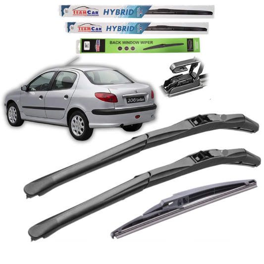 Car wipers with a Peugeot 206 in the background on a white background