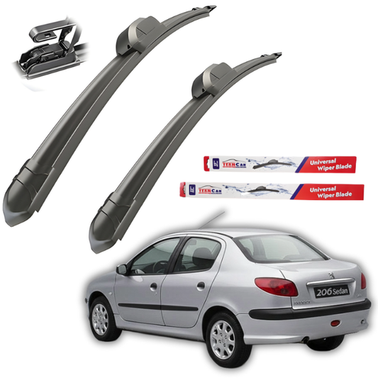 Car wiper blades with a Peugeot 206 (1998–2012) Sedan and Tecamcar branded wiper blades on a white background