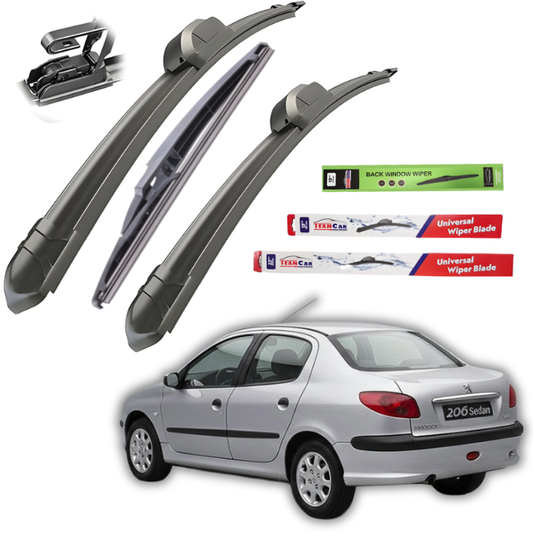 Car wiper blades with packaging and a Peugeot 206 in the background