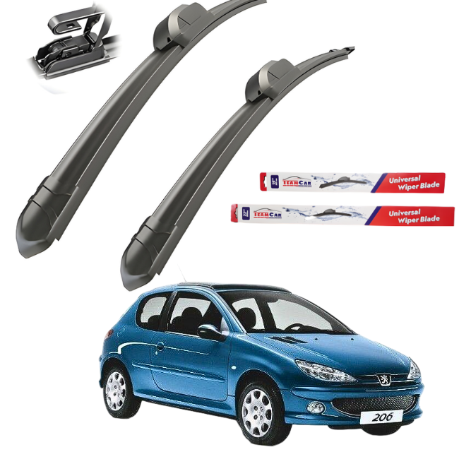 Car wiper blades with Teamcar packaging and a blue Peugeot 206 (1998–2012) on a white background