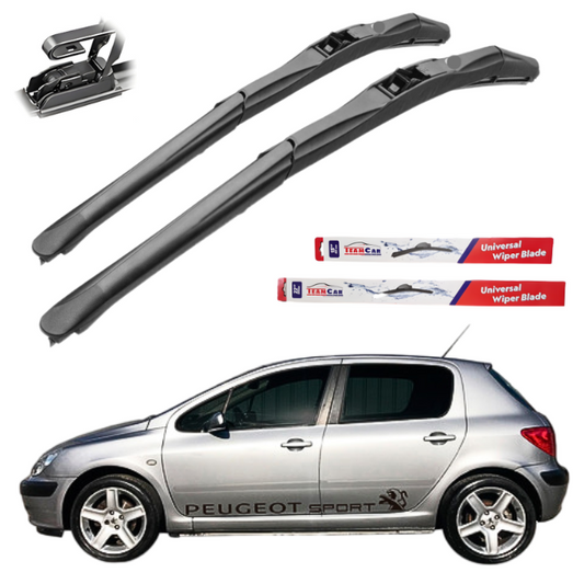 Two car wiper blades with their packaging and a Peugeot 307 (2001–2008) on a white background