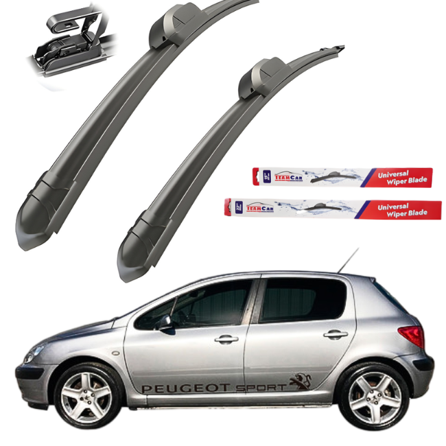 Car wiper blades with packaging and a Peugeot 307 (2001–2008) on a white background