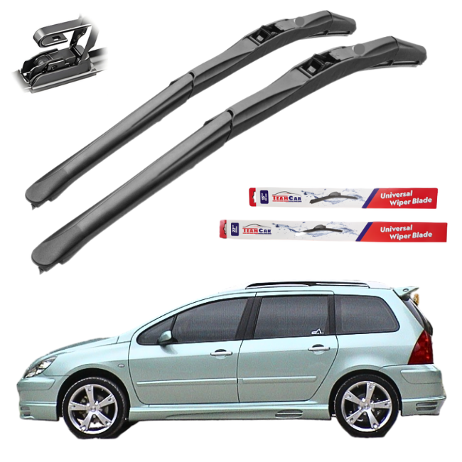 Two car wiper blades with packaging and a Peugeot 307 SW (2001–2008) on a white background