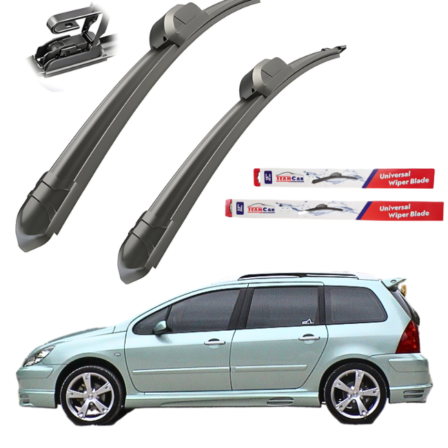 Car wiper blades with TeamrCar packaging and a light blue Peugeot 307 SW (2001–2008) on a white background