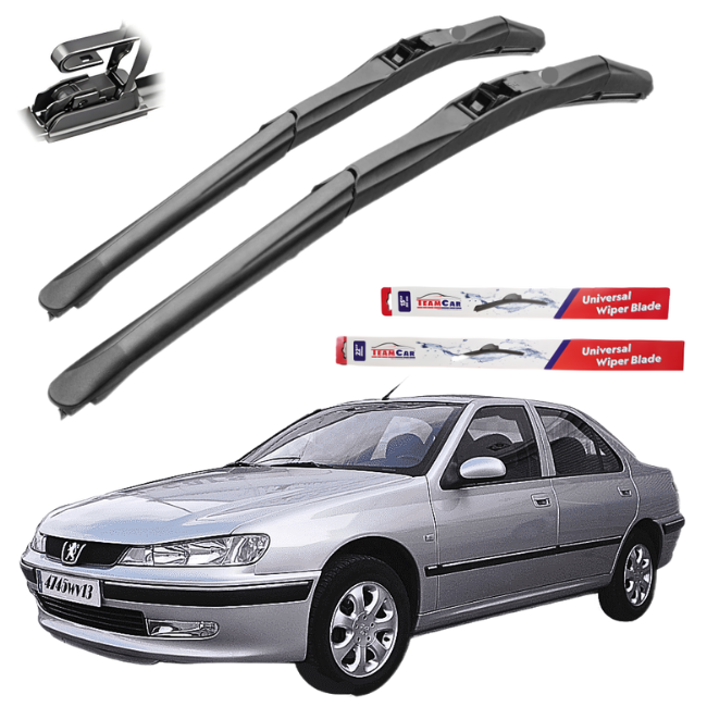 Two car wiper blades with their packaging and a silver Peugeot 406 (1995–2004) on a white background.
