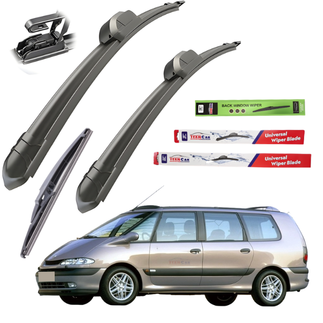 Car wiper blades with packaging and a RENAULT ESPACE III on a white background