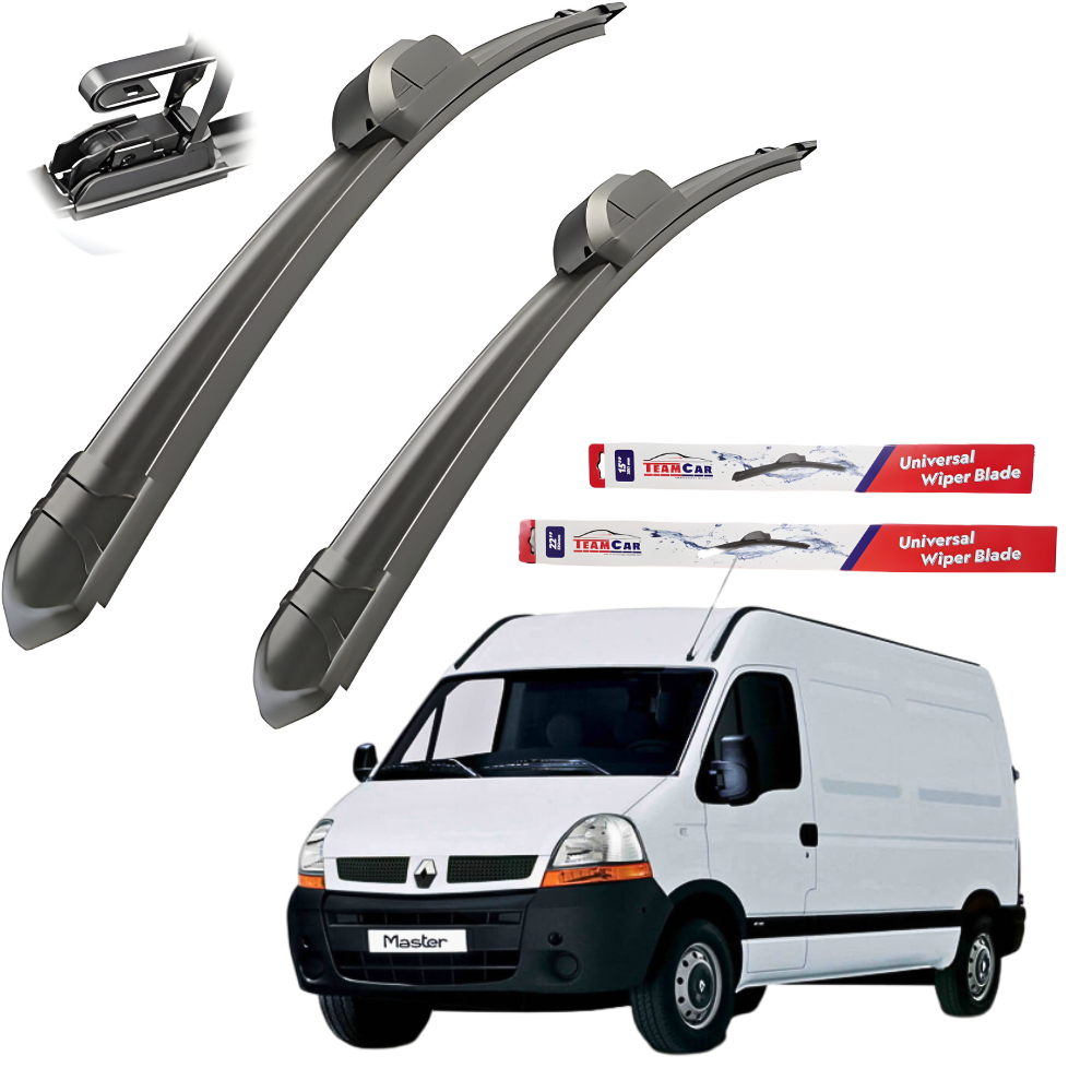 Two car wiper blades with TECNOCAR packaging and a white van in the background.