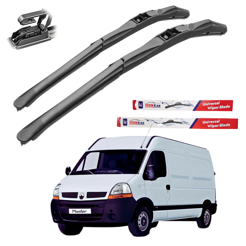 Two car wiper blades with their packaging and a white van on a white background