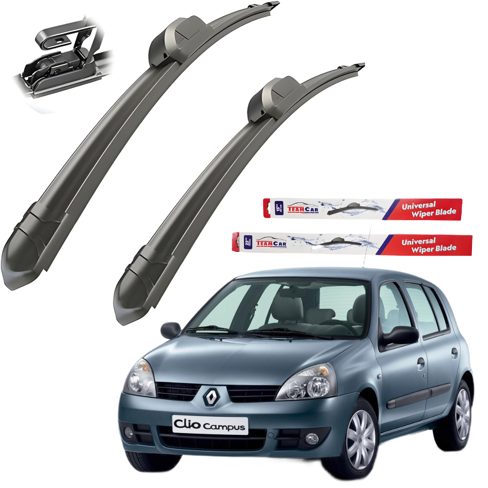 Two car wiper blades with a Renault Clio Campus car on a white background