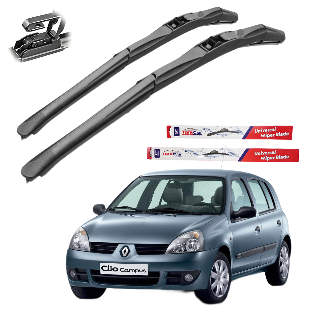 Two car wiper blades with packaging and a car model on a white background