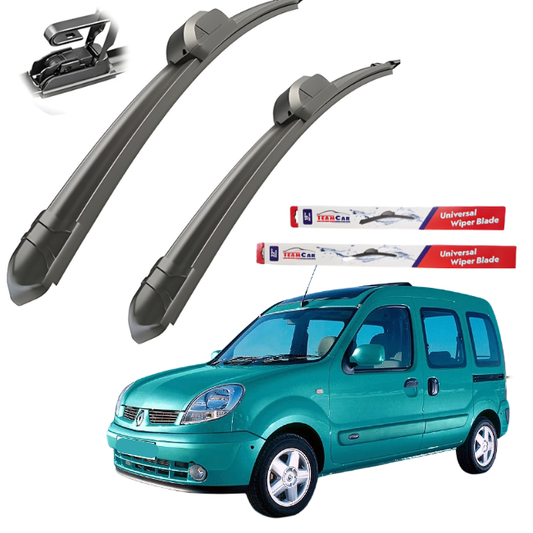 Two car wiper blades with a Renault Kangoo I 1997–2007 and two boxes of wiper blades on a white background.