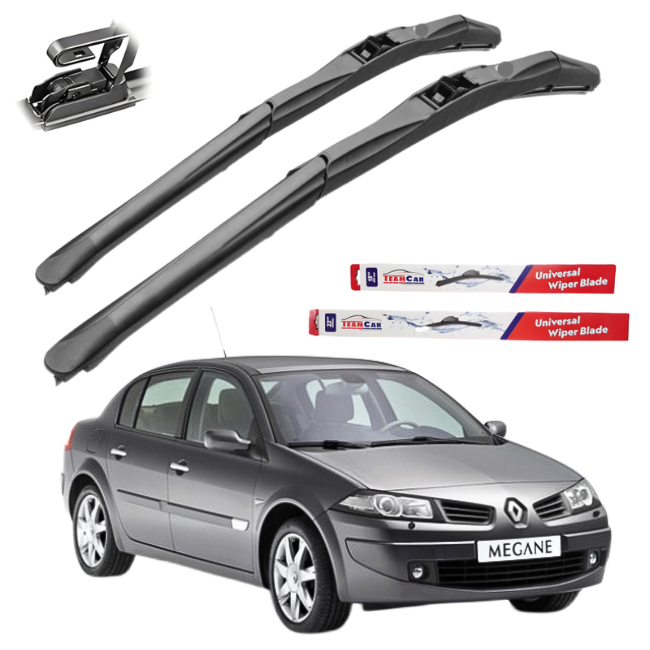 Car wiper blades with packaging and a car on a white background