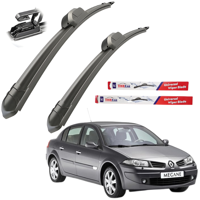 Two car wiper blades with Techron branding above a Renault Megane car on a white background.