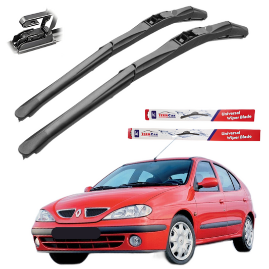 Two car wiper blades with their packaging and a red car on a white background