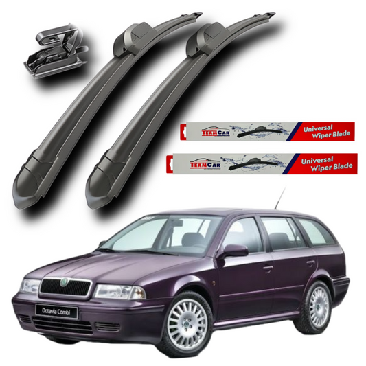Car wiper blades with a Skoda Octavia Combi (1996–2004) and 'Team Car' branded wiper blades on a white background