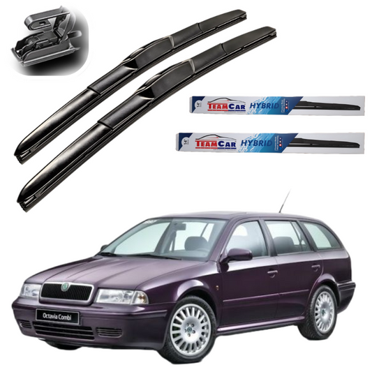 Car wipers with Team Car Hybrid branding on a white background, featuring a purple Skoda Octavia Combi (1996–2004).
