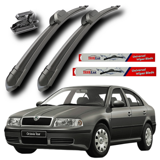 Two car wiper blades with two TeamCar wiper blade packages and a gray Skoda Octavia Tour car on a grey background.