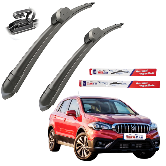 Two car wiper blades with TearCar packaging and a red Suzuki SX4 S-Cross in the background.