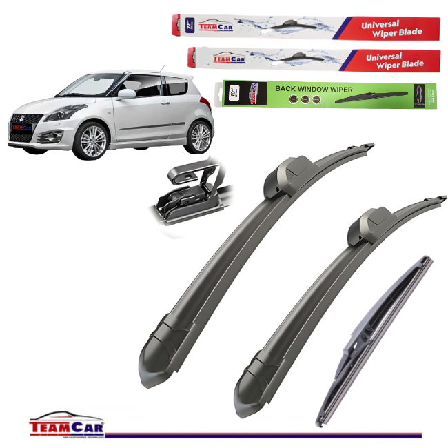 Car wiper blades with packaging and a white Suzuki Swift V (FZ/NZ, 2010–2017) on a white background
