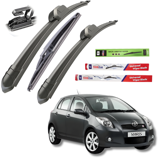 Car wiper blades with packaging and a toyota yaris car on a white background