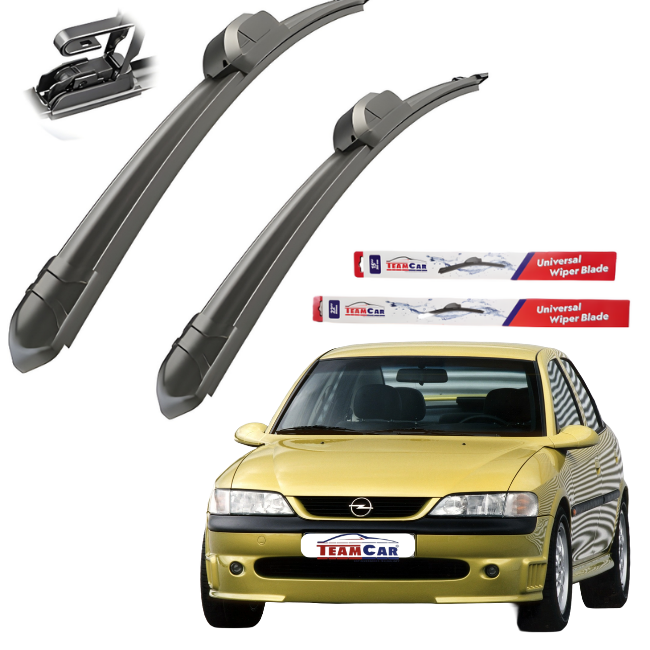 Two car wiper blades with TeamCar packaging and a yellow Vectra B (1995–2002) on a white background.