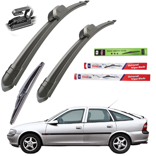 Car wiper blades with packaging and an Opel Vectra B Hatchback (1995–2002) in the background
