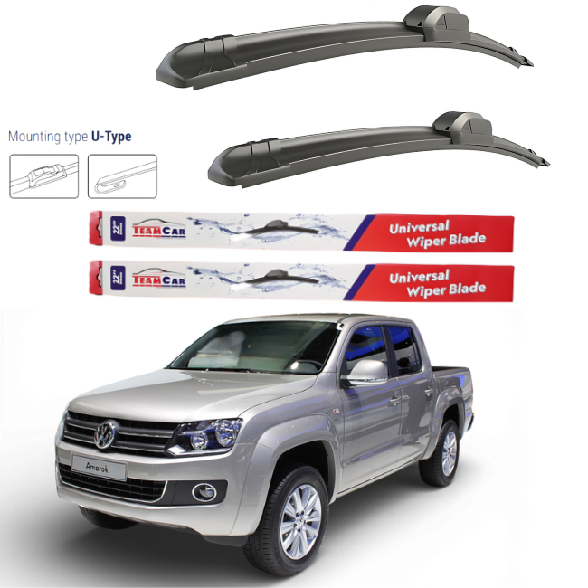 Two car wiper blades with a Volkswagen Amarok on a white background