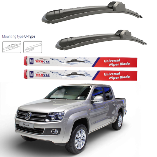 Two car wiper blades with a Volkswagen Amarok on a white background