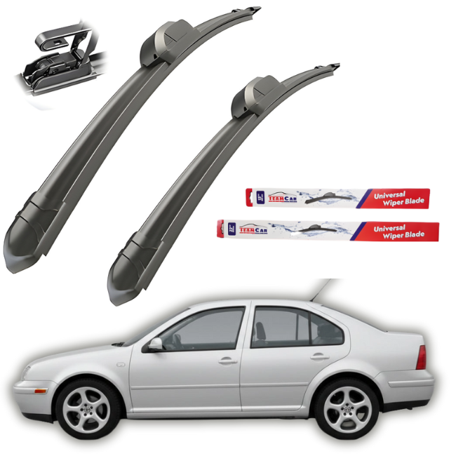Two car wiper blades with TeamCar packaging and a white Volkswagen Bora Sedan (1998–2005) in the background.