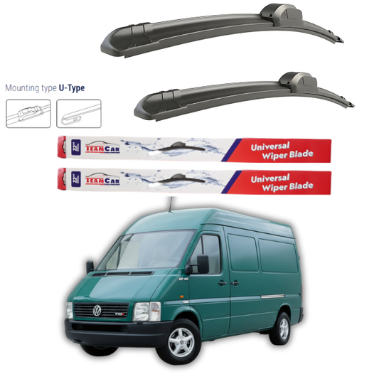 Two car wiper blades with mounting instructions and a green van on a white background.