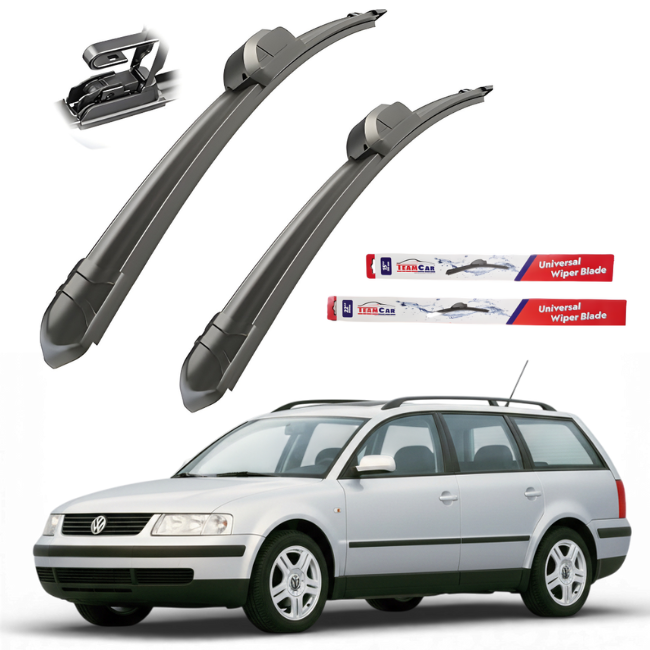 Two car wiper blades with a Volkswagen car in the background
