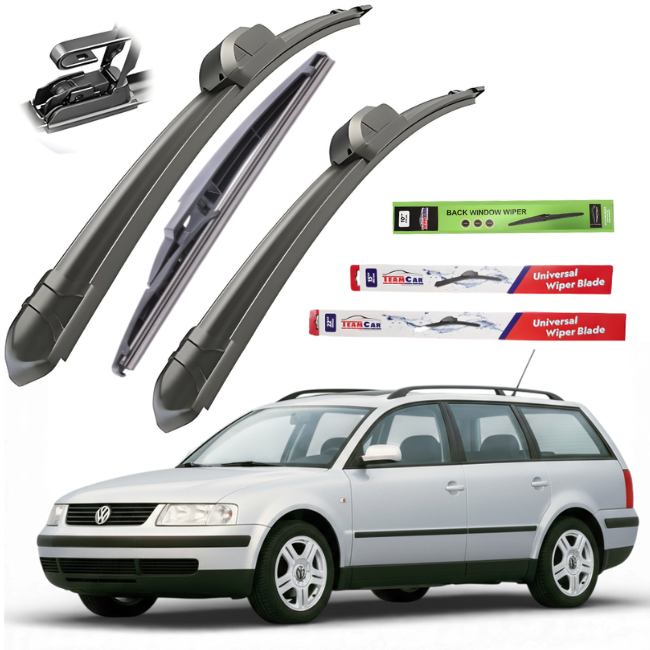 Car wiper blades with packaging and a car on a white background