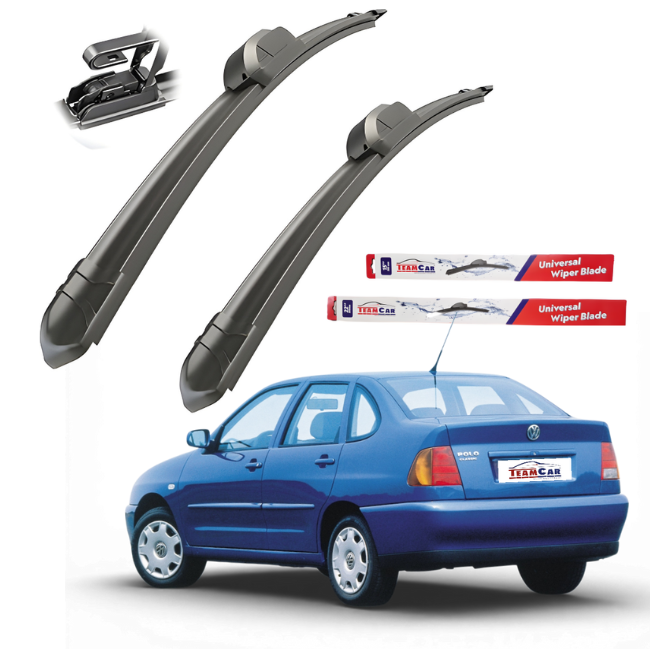 Two car wiper blades with a blue car and TexCar packaging in the background.