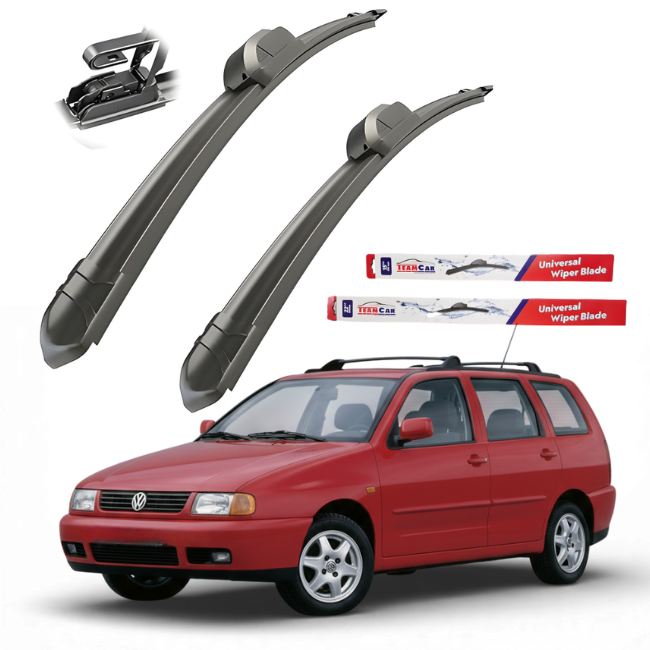 Two car wiper blades with a red car in the background