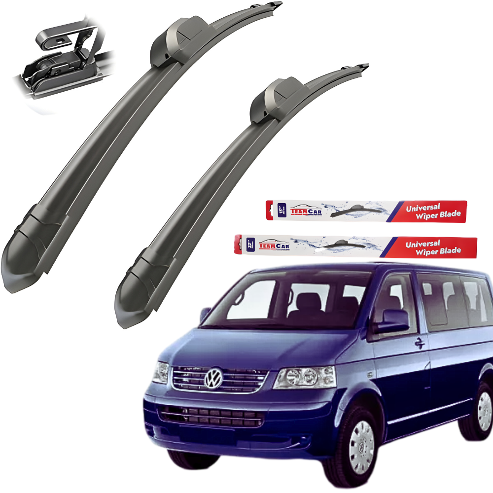 Two car wiper blades with packaging and a blue Volkswagen van on a white background