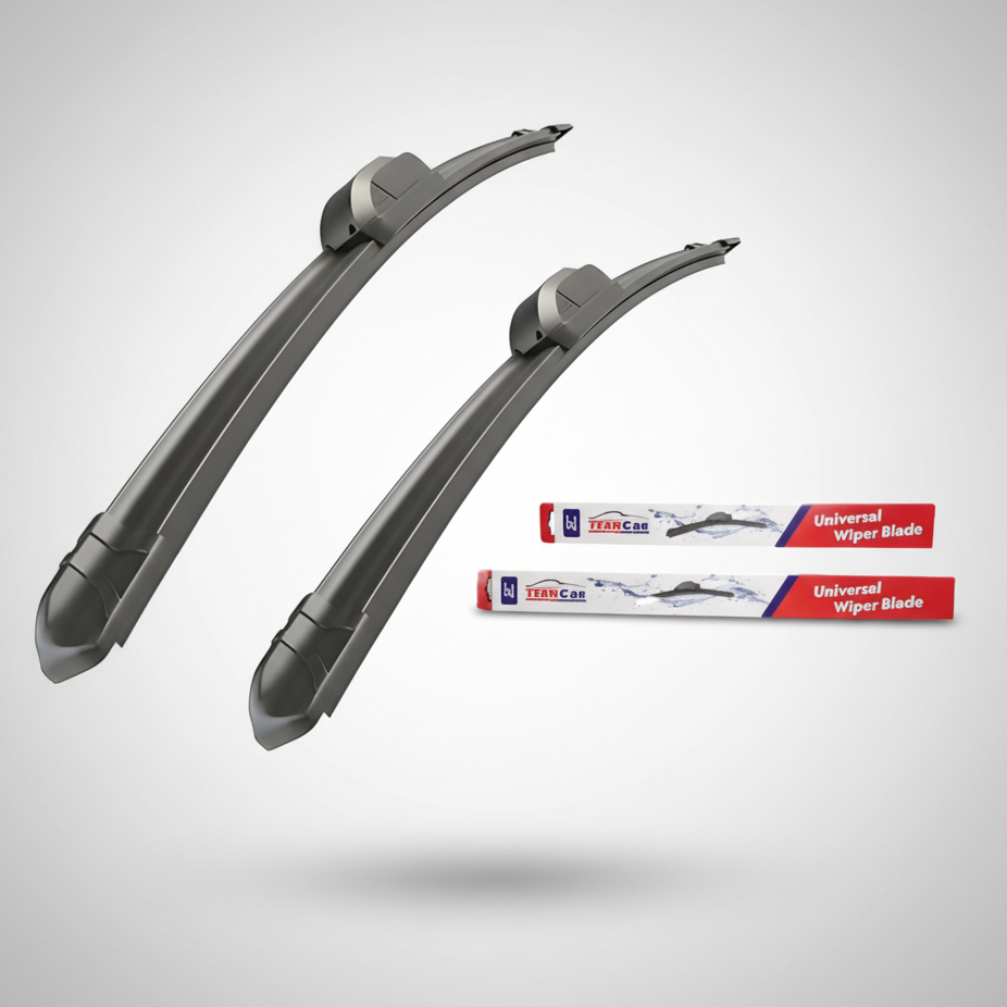 Two car wiper blades on a gray background with two packages of wiper blades below.