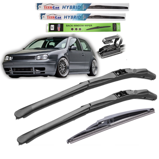 Car wiper blades with a volkswagen golf 4 in the background on a white background